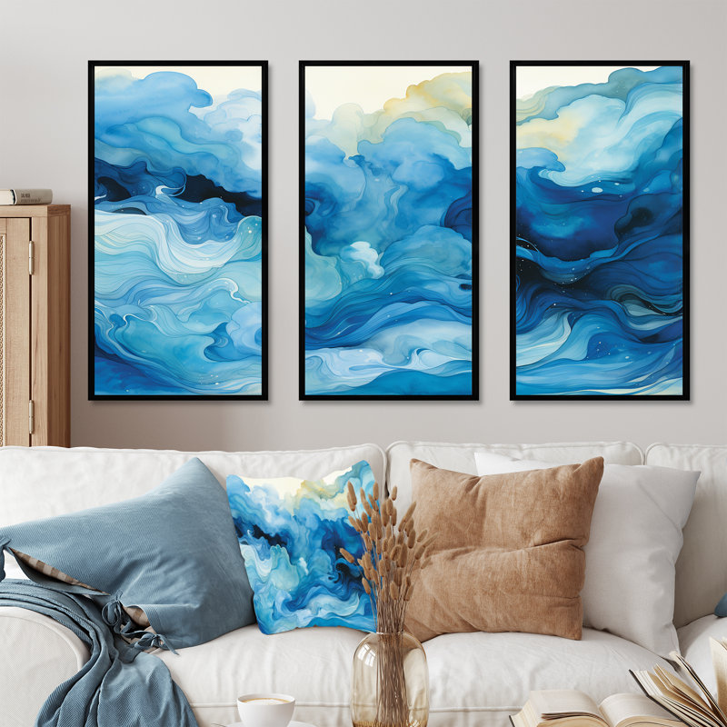 Blue Tidal Ripple Symphony - Abstract Collages, art mural, H 28 po x l 36 po x P 1 po, Cadre flottant noir