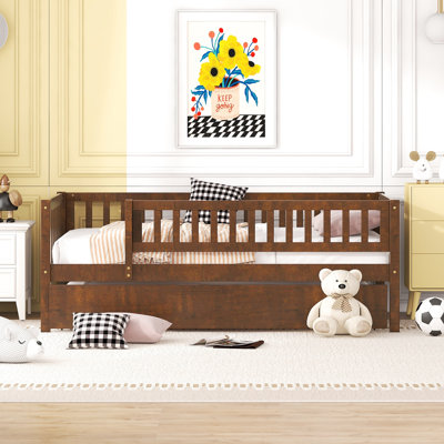 Walnut Twin Size Daybed With Trundle And Guardrail For Wood Secure Fence Guardrails Trundle, Walnut