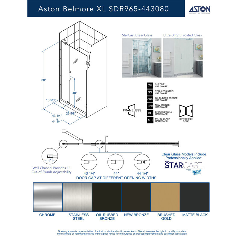Belmore XL 43.25 - 44.25 in. x 80 in. Frameless Hinged Shower Door with Ultra-Bright Glass, Matte Black, Frosted Glass