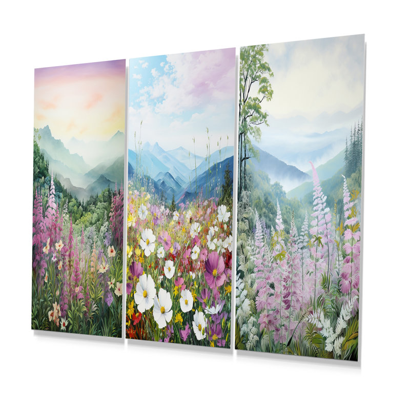 «Pink Ferns Hill In Canada», ensemble de 3 art mural paysage floral en métal, H 28 po x l 36 po