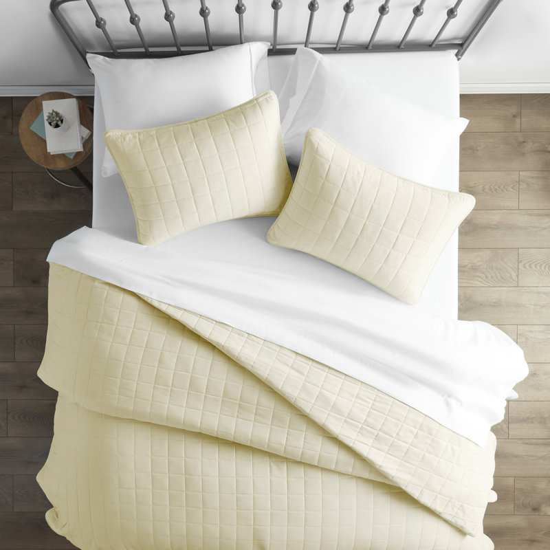 Simply Soft™ Double Brushed Microfiber Square Pattern Quilted Coverlet Set, Full/Queen Coverlet + 2 Standard Shams, Yellow