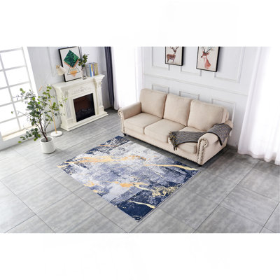 Tapis bleu / jaune à motif abstrait lavable à la machine