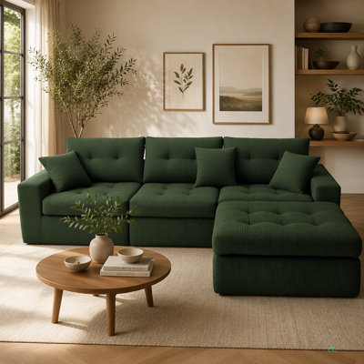 Corduroy Corner Chaise Compression Sofa Bed, L-Shaped Sectional Couch with High-Density Sponge, No-Assembly Required Convertible Sofa for Living Room, Apartment, Guest Room