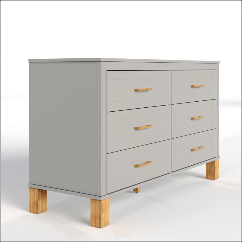 Commode double 6 tiroirs, armoire de rangement moderne avec poignées en métal et pieds en bois massif, organisateur robuste pour enfants et adultes