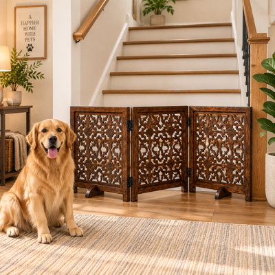 3-Panel Foldable Wooden Dog Gate with Flower Design