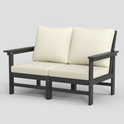 Outdoor 47" HDPE Modular Modern Loveseat With 5" Thick Cushions & Natural Wood Texture