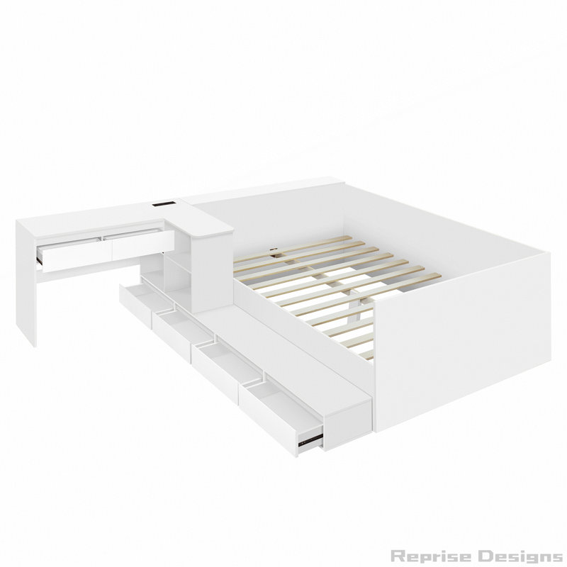 Lit plateforme en bois avec tiroirs, tablettes et coiffeuse, Blanc