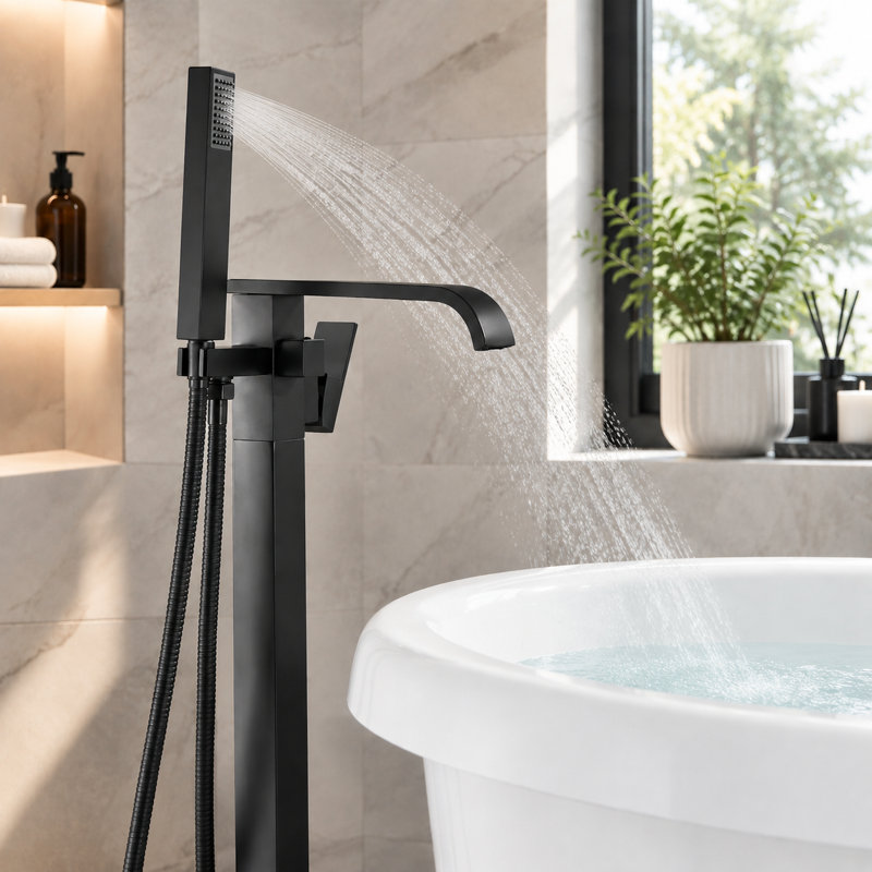 Robinet de baignoire sur pied noir mat moderne avec bec en cascade, douchette en cuivre, flexible de remplissage.