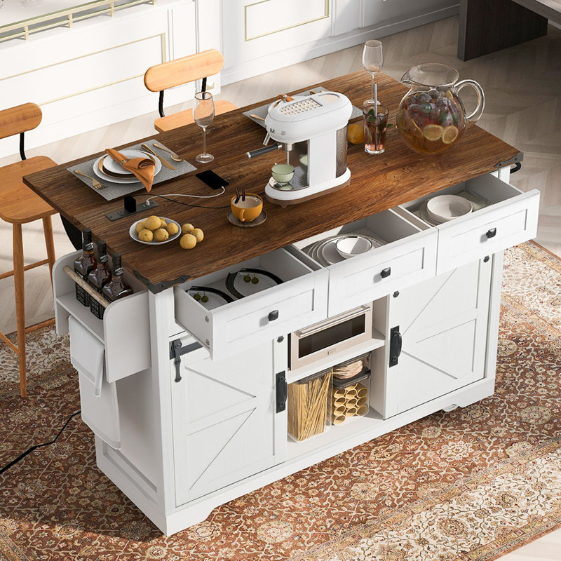 53.7" Farmhouse Kitchen Island with Power Outlet, 2 Sliding Barn Door Kitchen Storage Island with Drop Leaf, Spice Rack Rolling Kitchen Cart on Wheels, for Home, Kitchen and Dining Room, White