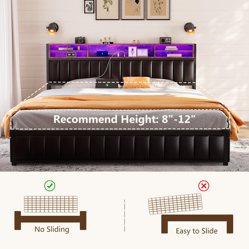 King Size Black Upholstered Bed with LED Lights, Storage Drawers, and Bookcase Headboard