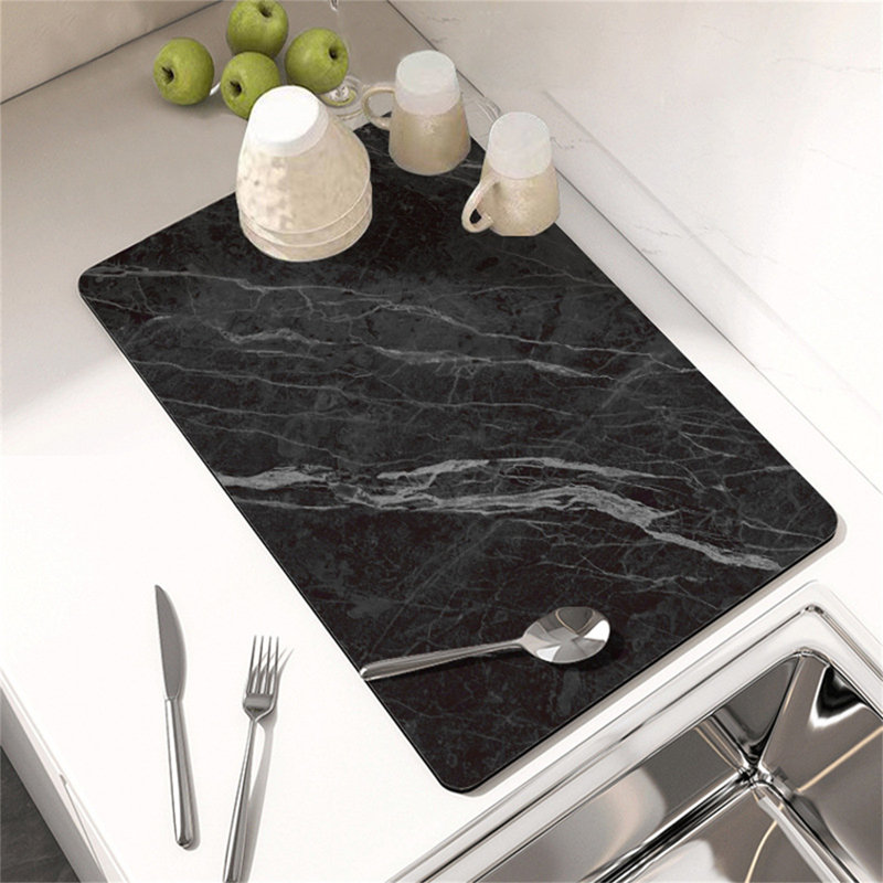 Dish Drying Mat Super Absorbent Hide Stain Dish Drying Pad with Non-slip Rubber Backed, 1" H x 15.8" W x 23.6" D, Black