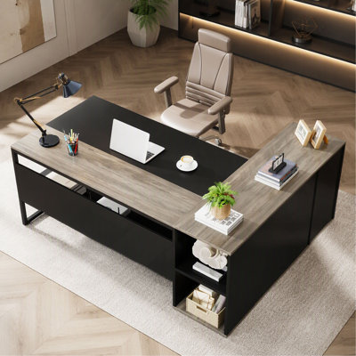 71 inch Executive Desk, L Shaped Desk with Cabinet Storage, Executive Office Table with Shelves, Business Furniture Set Workstation for Home Office,  and
