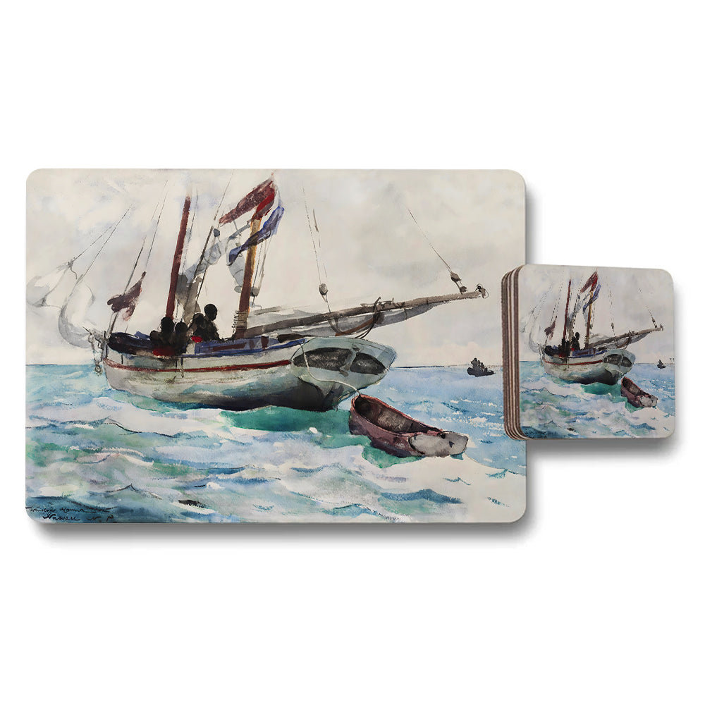 Seascape Boat Painting Placemat And Coaster Set Artwork