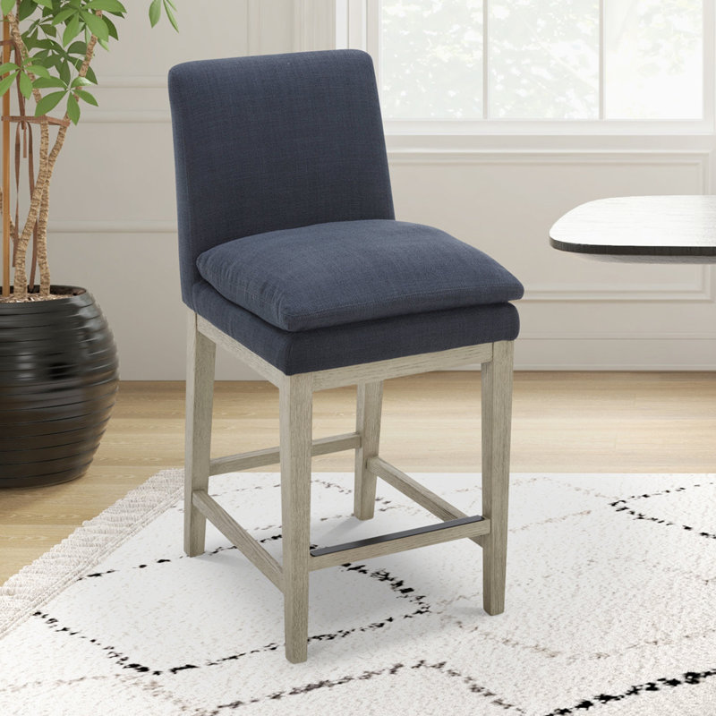 Bethea Upholstered Counter Stool, Effie Insignia Blue Performance Linen, Graywash
