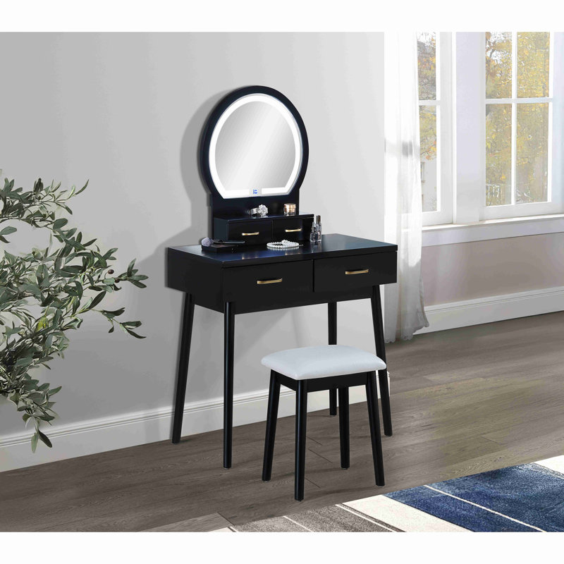 3Pc Vanity Table And Stool Set Built-In Led-Lit Mirror Matching Cushioned Stool Gold-Accented Handles Wooden Home Furniture