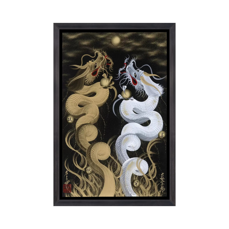 «Flying Twin Dragons» - reproduction, Toile avec cadre noir patiné, H 40 po x l 26 po x P 1,5 po