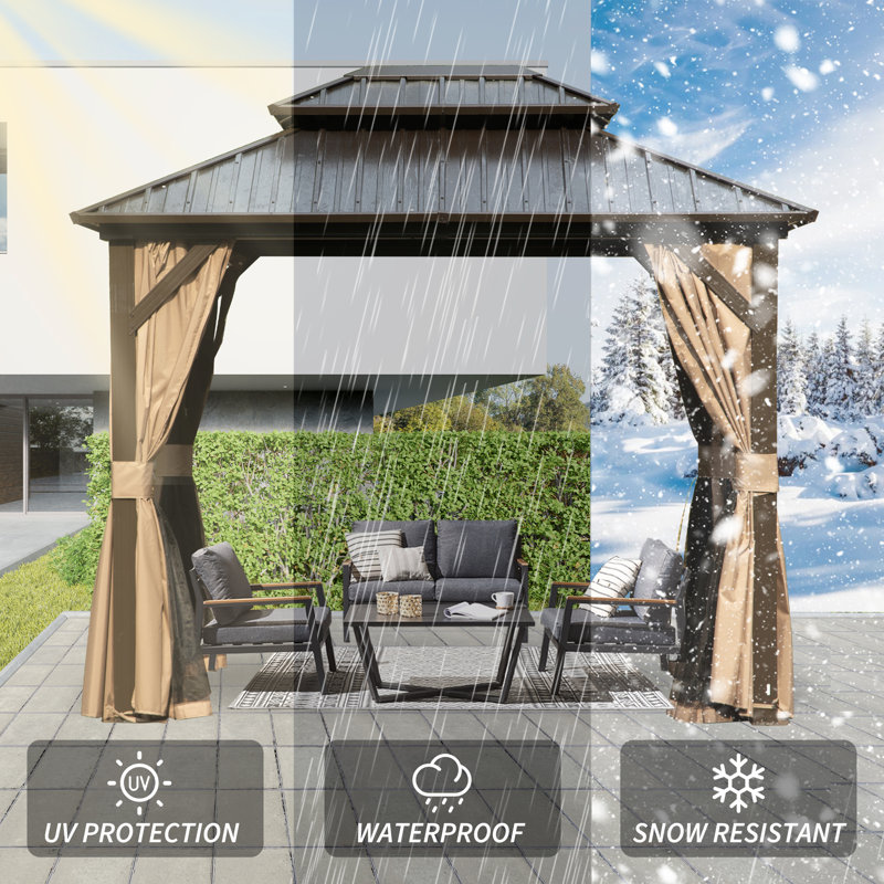 10 Ft. W x 8 Ft. D Aluminum Patio Gazebo with Overhang Slope-design Double Roof, Brown