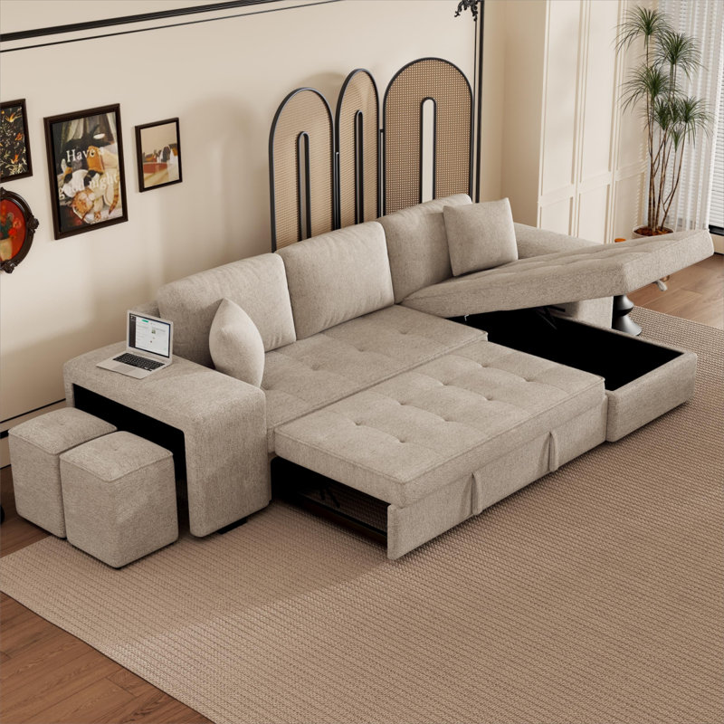104.5" Modern L-Shape 3 Seat Reversible Sectional Couch, Pull Out Sleeper Sofa with Storage Chaise and 2 Stools for Living Room Furniture Set