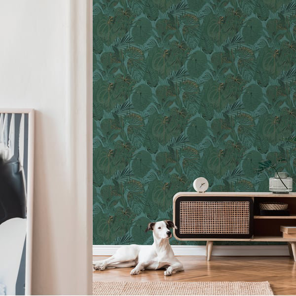 Flourish 10m x 53cm Glitter Wallpaper Roll, Dark Green