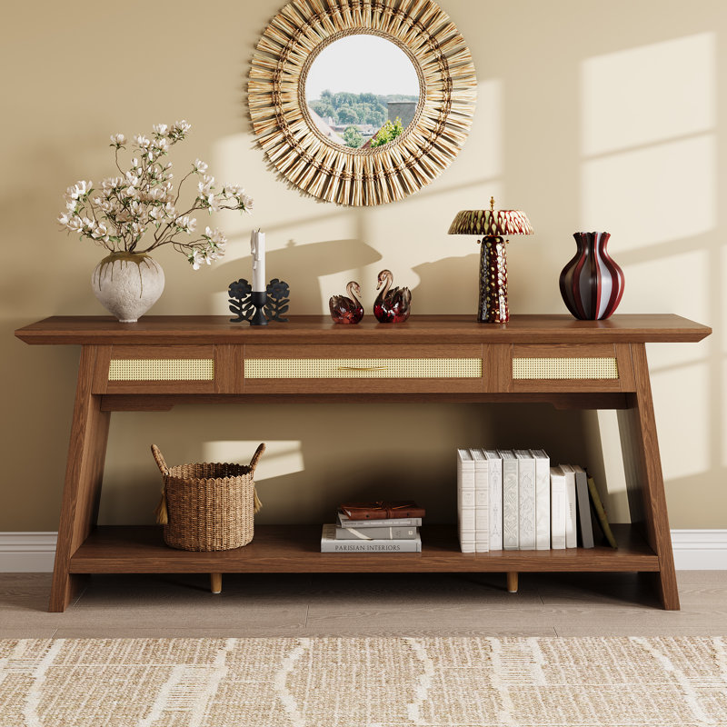 Table d'entrée en rotin 70,9 po avec tiroir, console étroite et longue pour le salon, couloir, canapé derrière, brun rustique