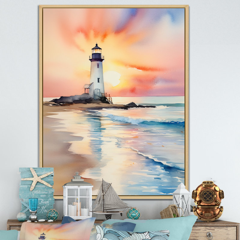 Beach Lighthouse Sunset 2 - Beach Wall Art, Brown Floater Framed, 44" H x 34" W x 1.5" D