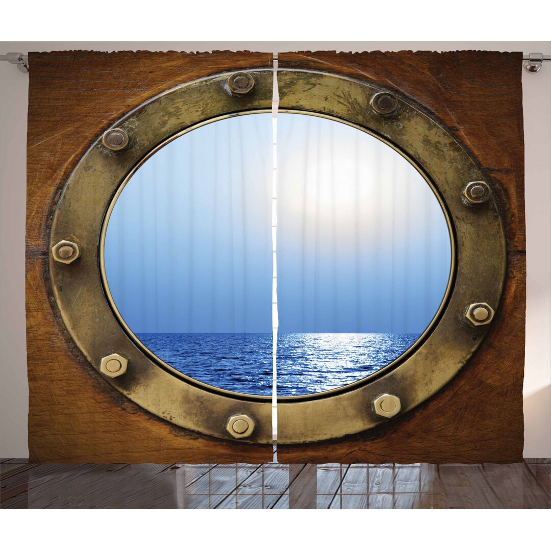 Rustikaler Vorhang, Hafen Schiff Fenster Theme, Schiff, Brown Blue Earth Gelb