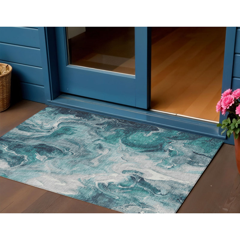 3' X 5' Teal Blue And Ivory Abstract Washable Indoor Outdoor Area Rug