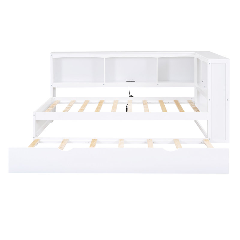 Lit de jour simple avec couchette, armoires de rangement et ports USB, blanc