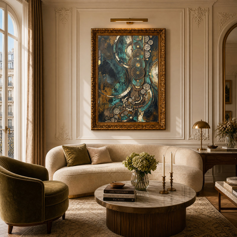 Tableau sur toile aux formes géométriques abstraites turquoise et or, H 24 po x l 16 po
