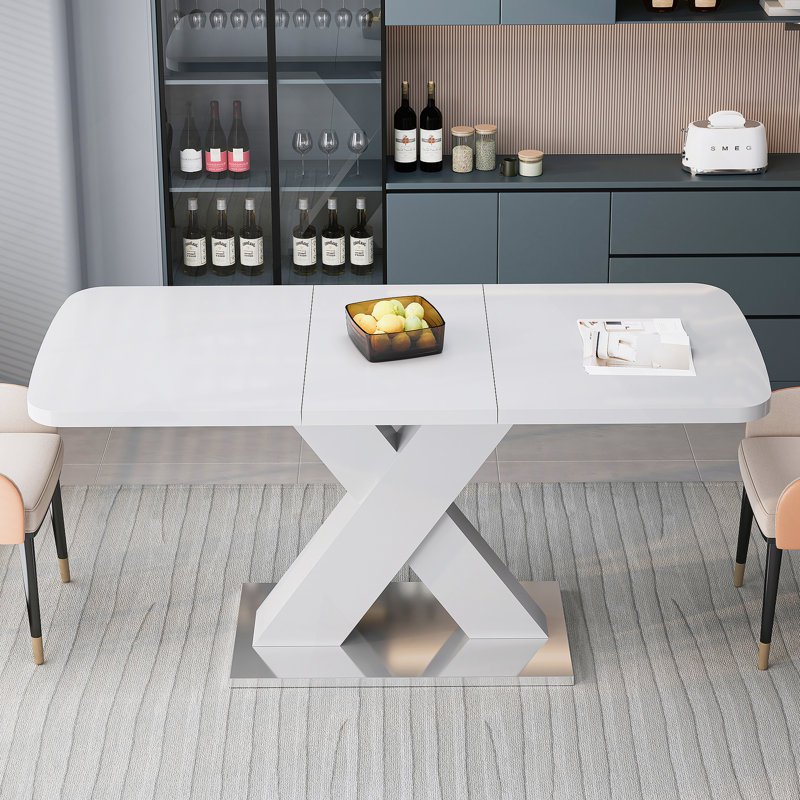 Table de salle à manger moderne carrée, extensible, plateau de table blanc + pied de table en MDF en X avec base en métal