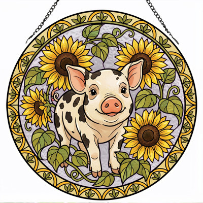 Pig Sunflower Stained Glass Window Panel，7.8H