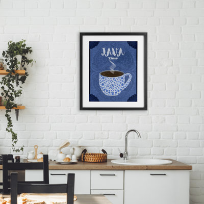 Java Time Blue Coffee Mug Framed Print Under Glass, design by Lori Mosley