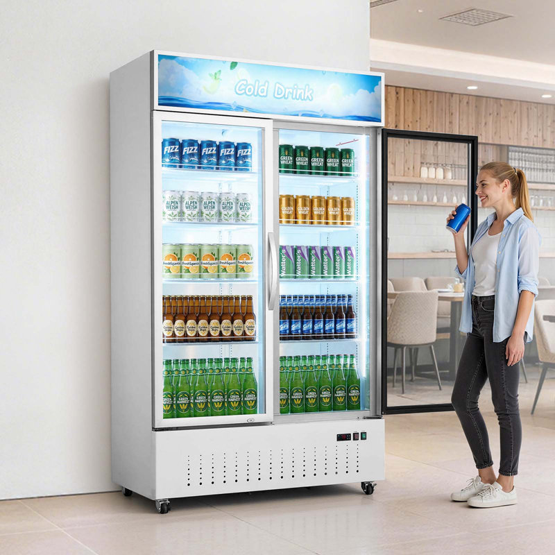 Réfrigérateur commercial pour marchandisage, réfrigérateur à boissons vertical 35,3 pieds cubes / 1000L, réfrigérateur à 2 portes vitrées avec caisson lumineux personnalisable, 8 tablettes réglables, éclairage à DEL doux et roulettes