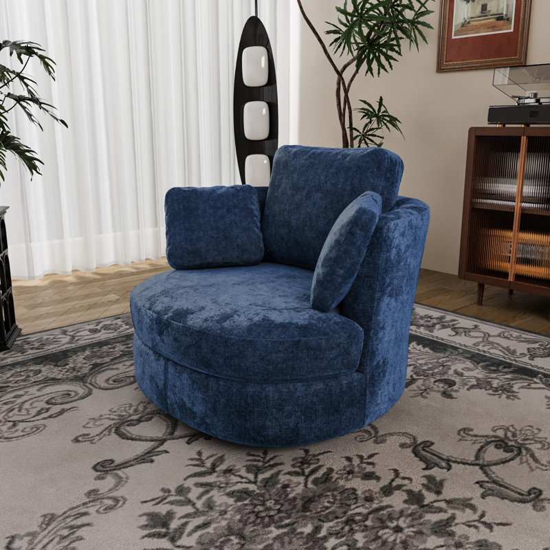 Chemaia Upholstered Swivel Barrel Chair, Navy Chenille