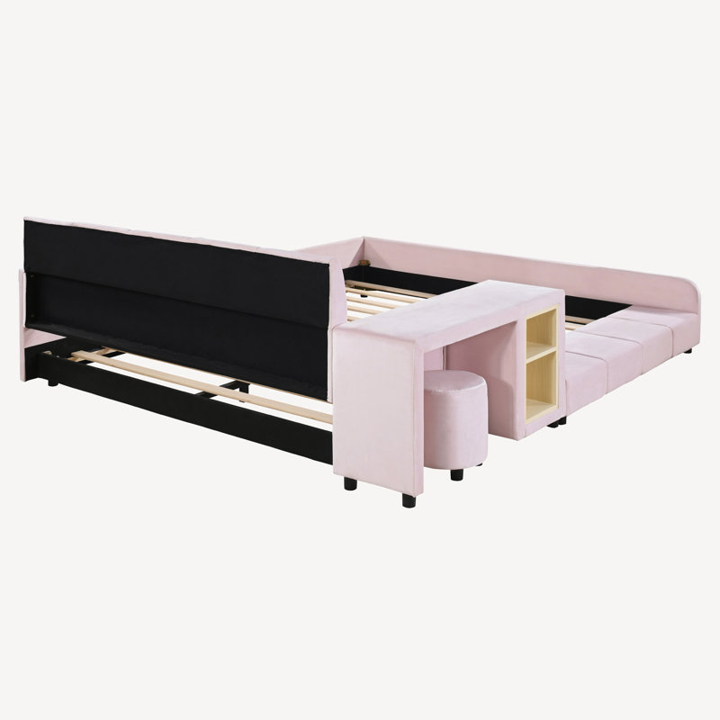 Upholstered Low Standard Bed with Bedside Desk and Round Stool, Mother & Child Bed, Queen, Pink