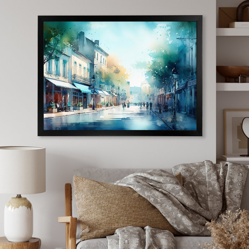 «Blue and Green French Small Town», reproduction d'art sur toile, Cadre photo noir, H 12 po x l 20 po x P 1 po