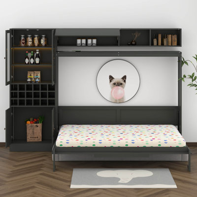 Grand lit escamotable mural avec canapé, tablettes USB et lumière