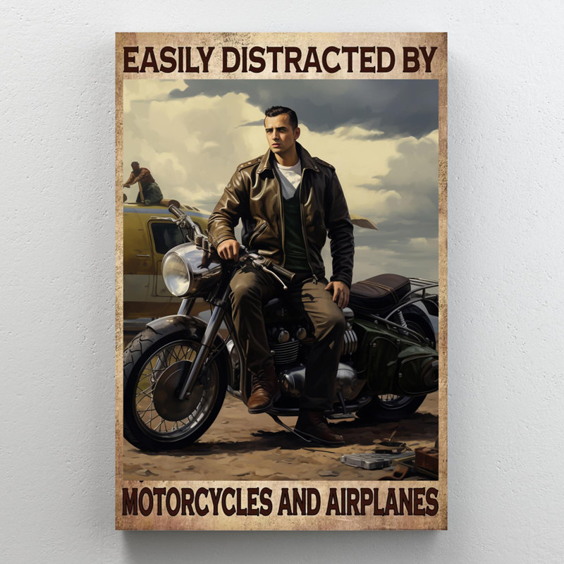 «Distracted by Motorcycles and Airplanes» - 1 pièce facilement distrait par les motocyclettes et les avions - 1 pièce, reproduction d'art graphique sur toile tendue