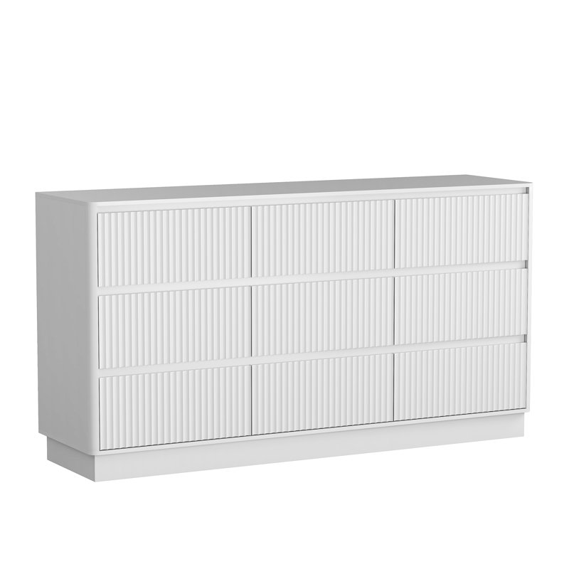 Commode 9 tiroirs pour chambre à coucher avec grands tiroirs, commode en bois de 63 po de largeur, grande commode de plancher, long meuble télé moderne, table d'appoint avec rangement Mid-Century, blanc