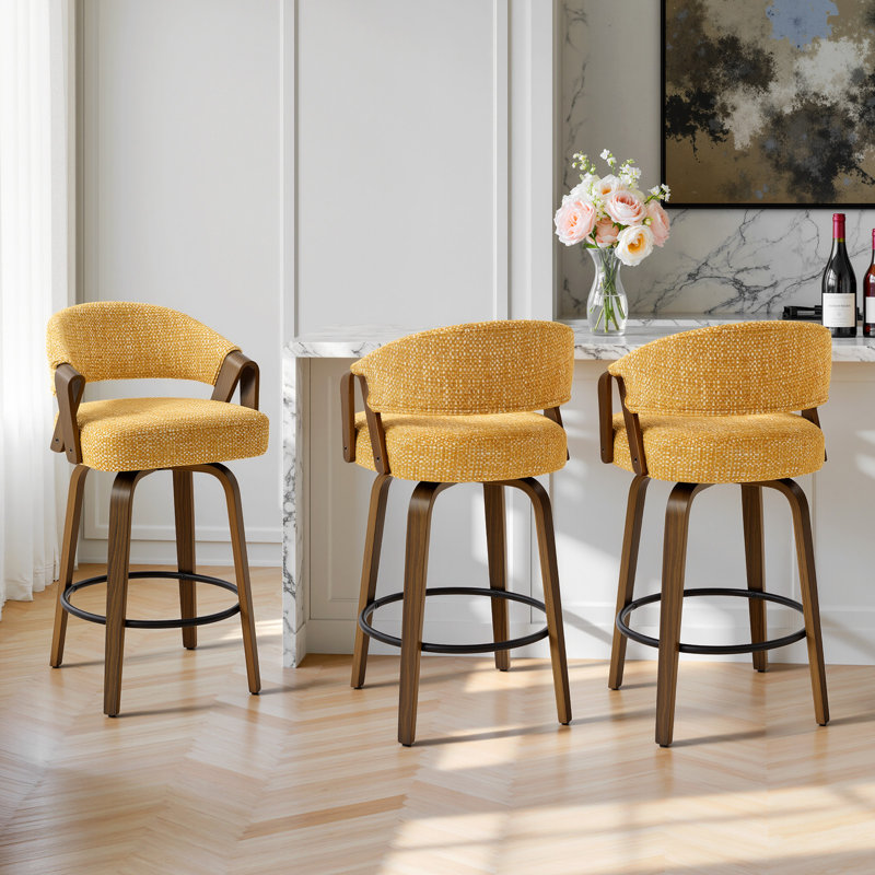 Tabouret de bar pivotant à 360 ° de style Mid-Century moderne en noyer avec dossier courbé rembourré (ensemble de 3), Jaune