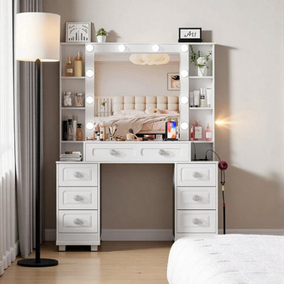 Coiffeuse 44 po avec miroir à DEL, coiffeuse avec 7 tiroirs