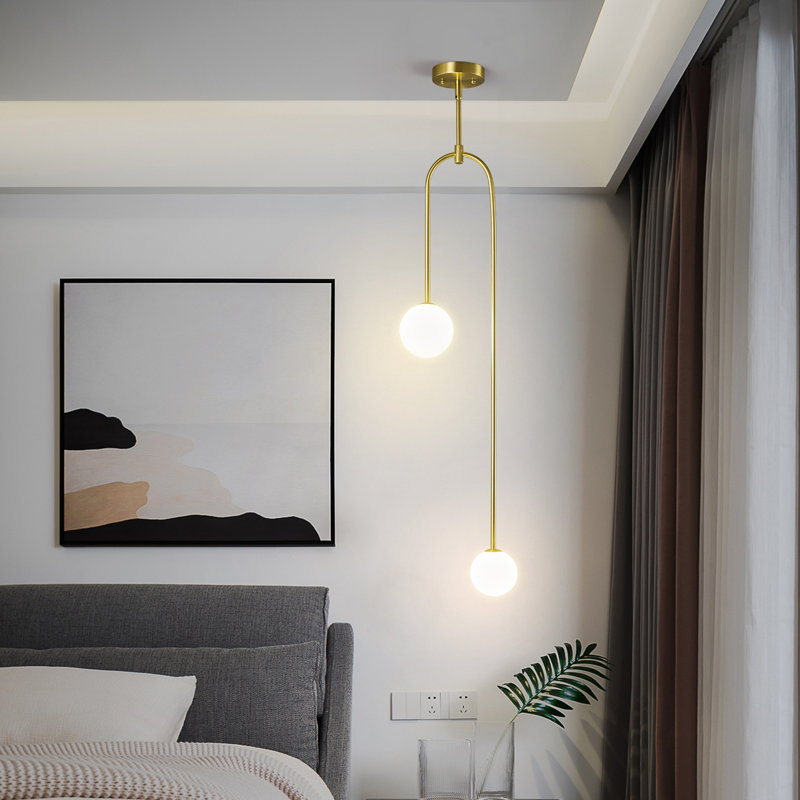 Modern Milk Glass Pendant Light 2 Light Mid Century Chandelier Small Glass Globe Black Pendant Lights for Kitchen Island Bedroom Dining (1 Pack)