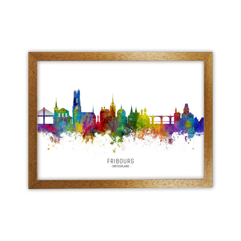 Fribourg Switzerland Skyline by Michael Tompsett - Print, 25cm H x 34cm W x 3cm D, Brown Framed