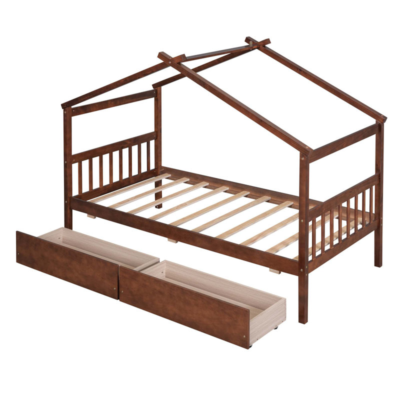 Pittston 2-Drawer Standard Bed Wooden House Bed, Twin, Walnut