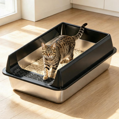 Bac à litière pour chat en acier inoxydable, grand format, à bords hauts et ouverture sur le dessus, 1 pelle