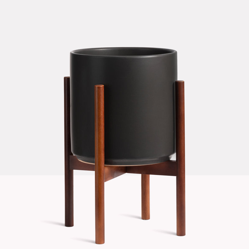 Ceramic Pot Planter with Wood Stand, Black Planter + Medium Stand, 15.5" H x 12.5" W x 12.5" D