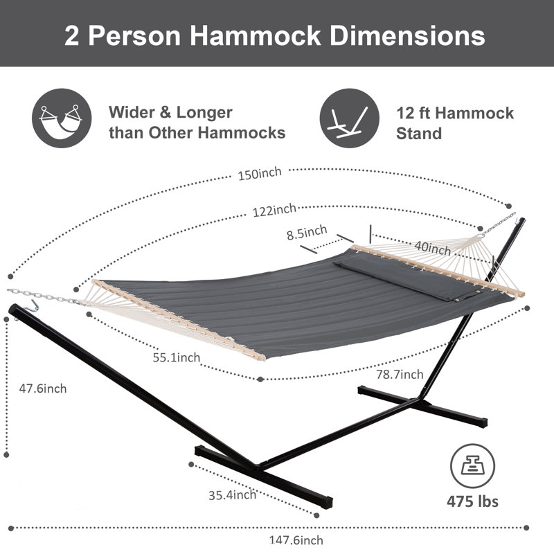 2 Person Spreader Bar Hammock with Stand, 12 ft Stand, Dark Gray