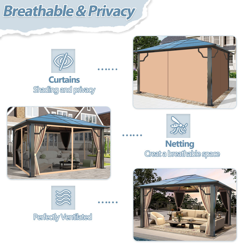 Aluminum Patio Gazebo with Curtains and Netting, 12 ft. W x 10 ft. D