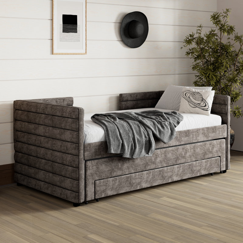 Twin Size Upholstered Daybed with Trundle, Gray
