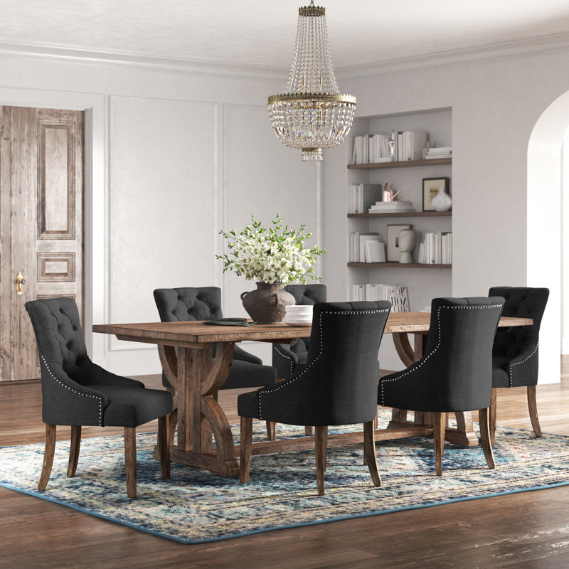 Aldrina 6 - Person Trestle Dining Set, Dark Grey Linen